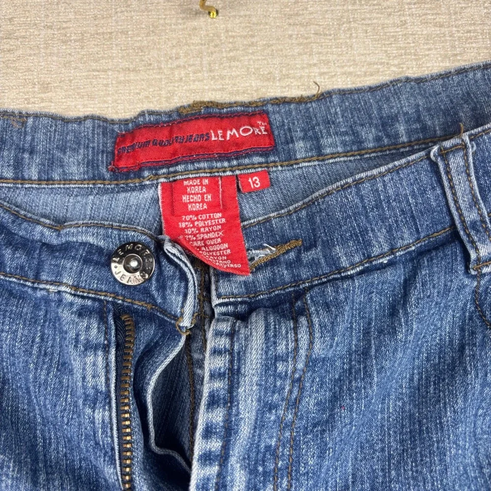 Le More Womens 34x 26 Y2K Basketball Patch Flare Jeans Blue Denim Size 13